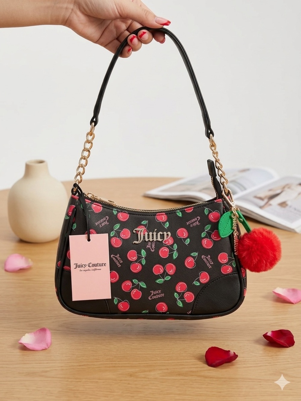 Juicy Couture Black Cherry Print Shoulder Bag with Pom Charm